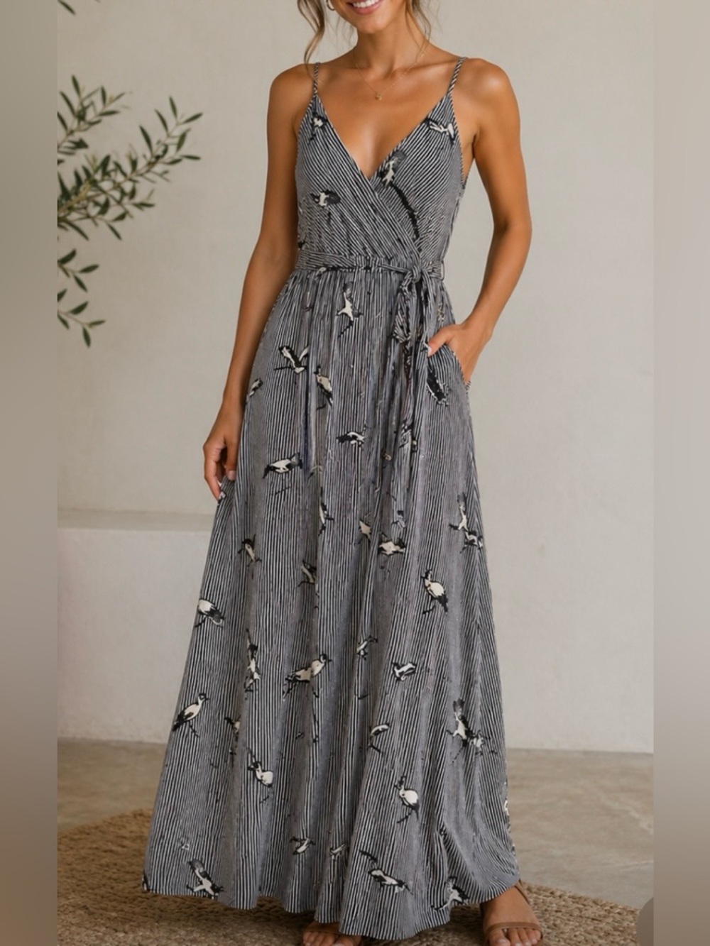 Dream Of Me Maxi Dress Medium Bird Print Wrap Boho Sleeveless Tie Waist